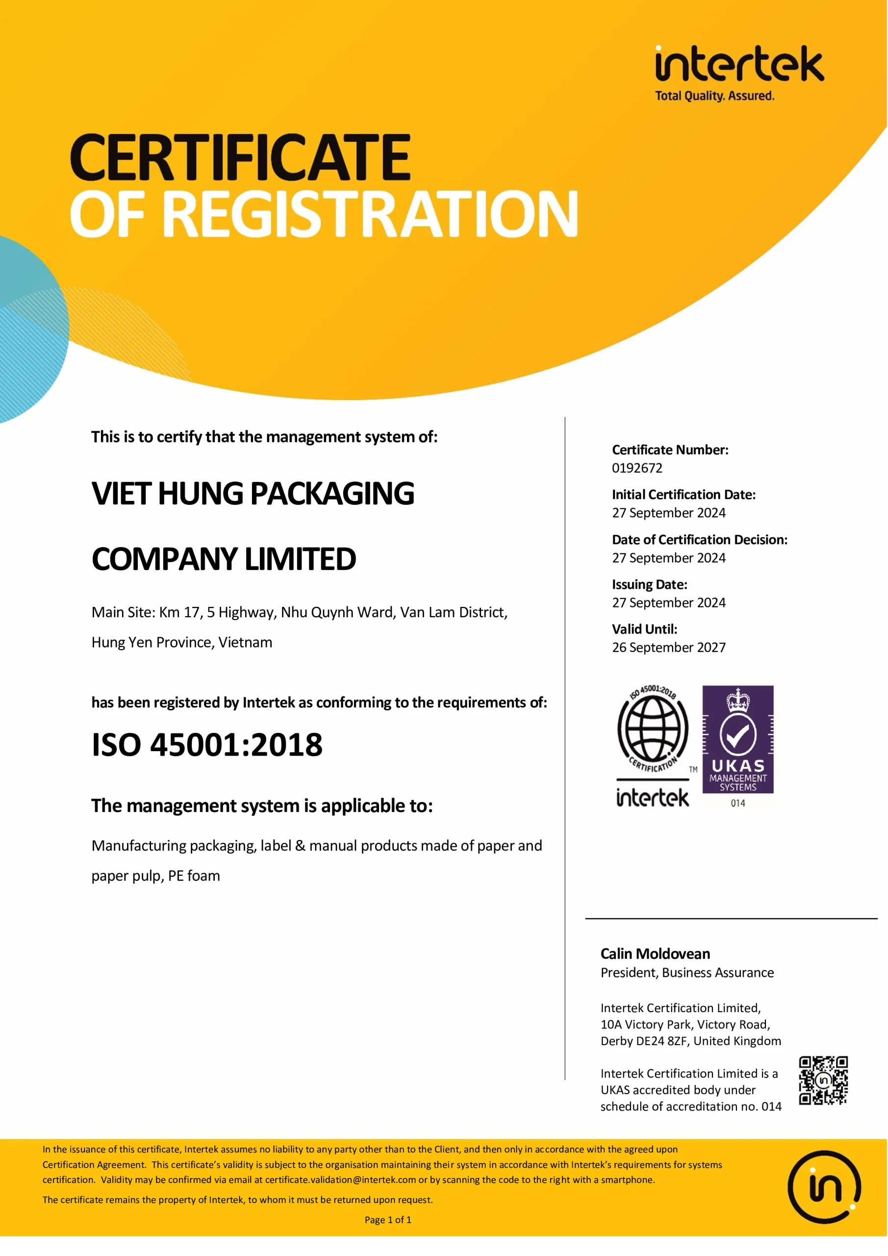 Chứng chỉ ISO 45001 2018
